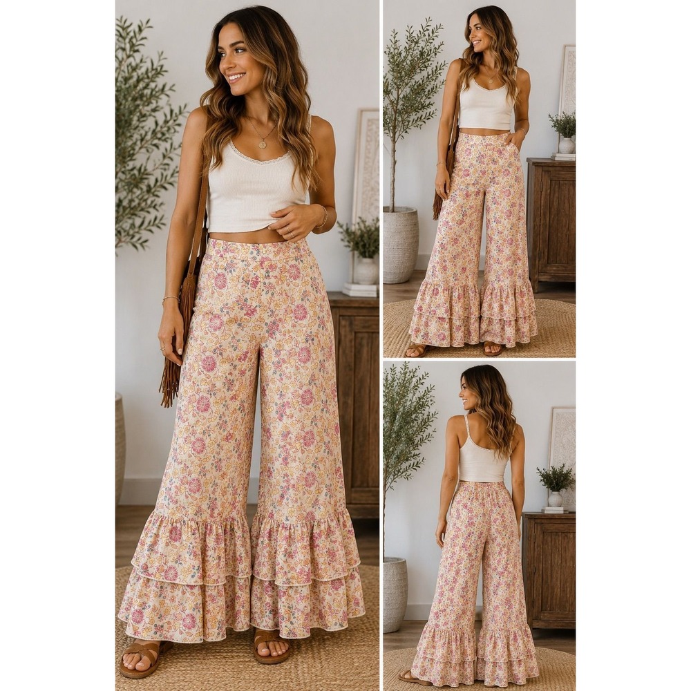084 Floral Wide Leg Tiered Ruffle Pants S/M Boho Cottagecore Y2K Romantic